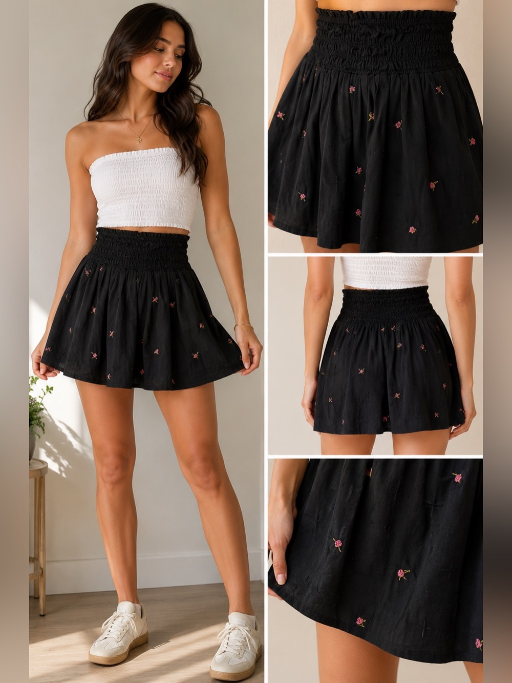 A.N.A. Black Linen Blend Embroidered Floral Pull-On Skirt Y2K Cottagecore Size S